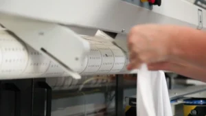 Operario ajustando una prenda en la zona de entrada de la planchadora industrial compacta Compact Pro, mostrando sus opciones de configuración como introducción manual o automática, modo Autospeed y distintos sistemas de calentamiento.