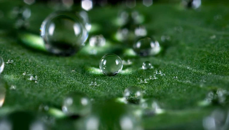 Macro image of water droplets on a leaf symbolizing Girbau’s water management efforts to optimize consumption and promote reuse through the Zero Water Platform, reducing the overall water footprint.