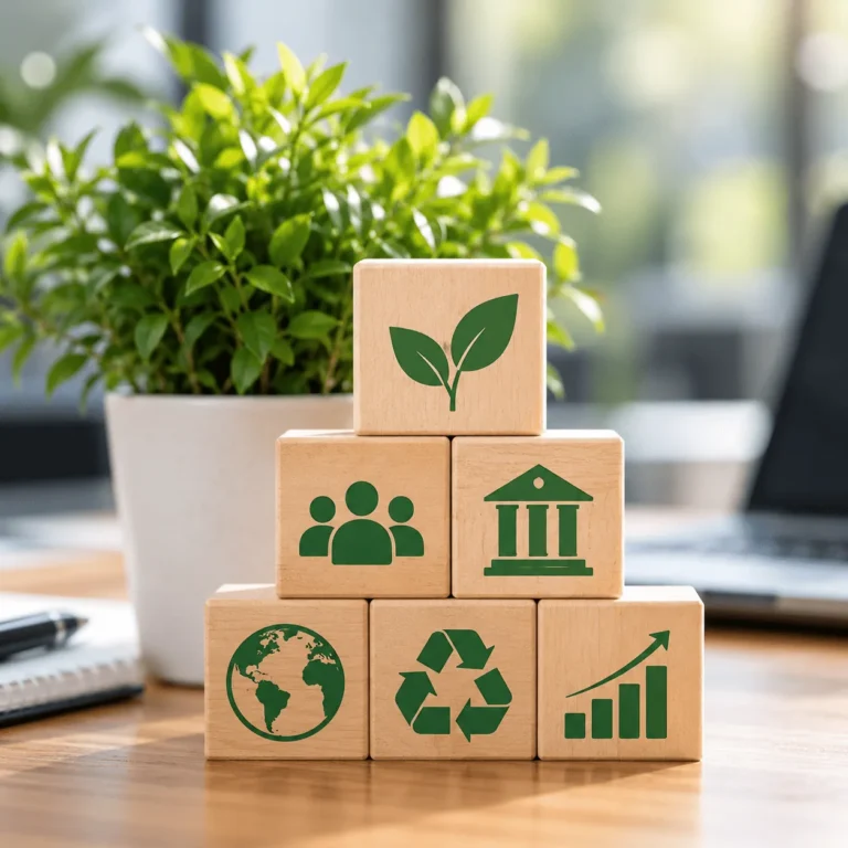 Wooden blocks stacked in a pyramid showing sustainability icons: a leaf, people, an institutional building, a globe, recycling and a growth chart, beside a plant in an office.