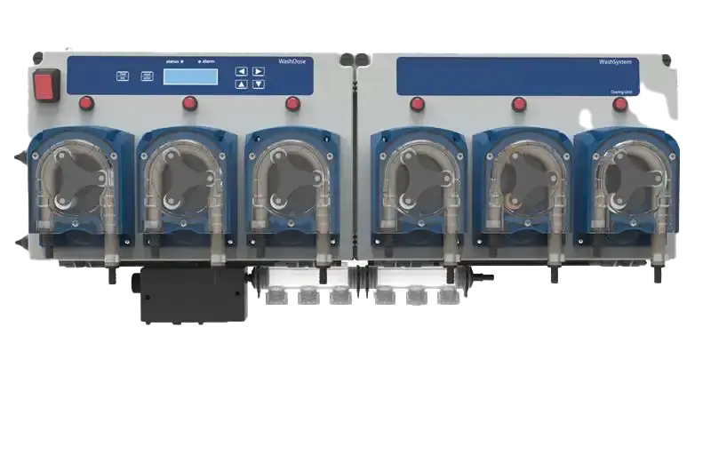 Sistema de dosificació automàtica de detergent Girbau dissenyat per assegurar una dosificació precisa de productes químics i un rendiment òptim de rentat en bugaderies industrials.