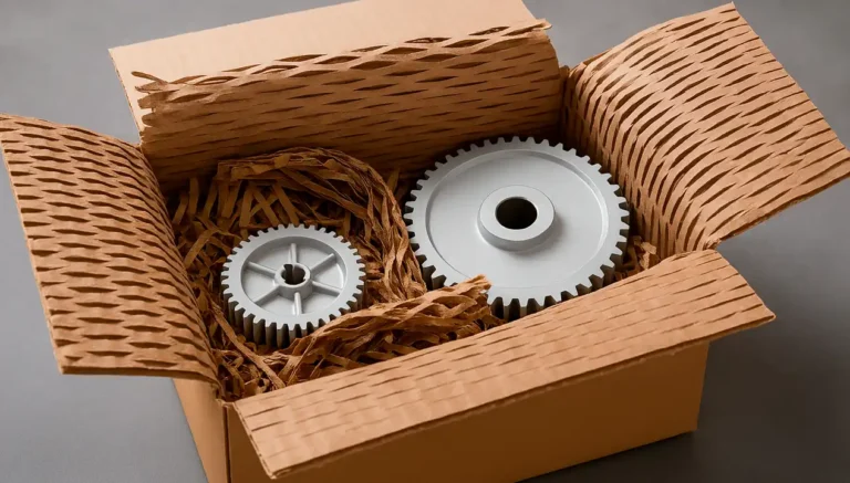 Embalagem sustentável com componentes metálicos protegidos por materiais reciclados, ilustrando os esforços da Girbau em circularidade para reduzir o uso de plástico virgem e promover uma logística mais sustentável.